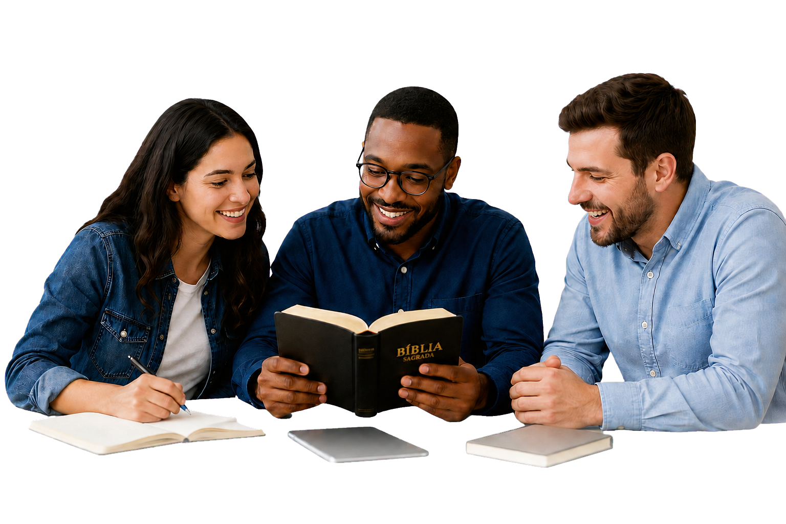 Três alunos estudando a Bíblia juntos